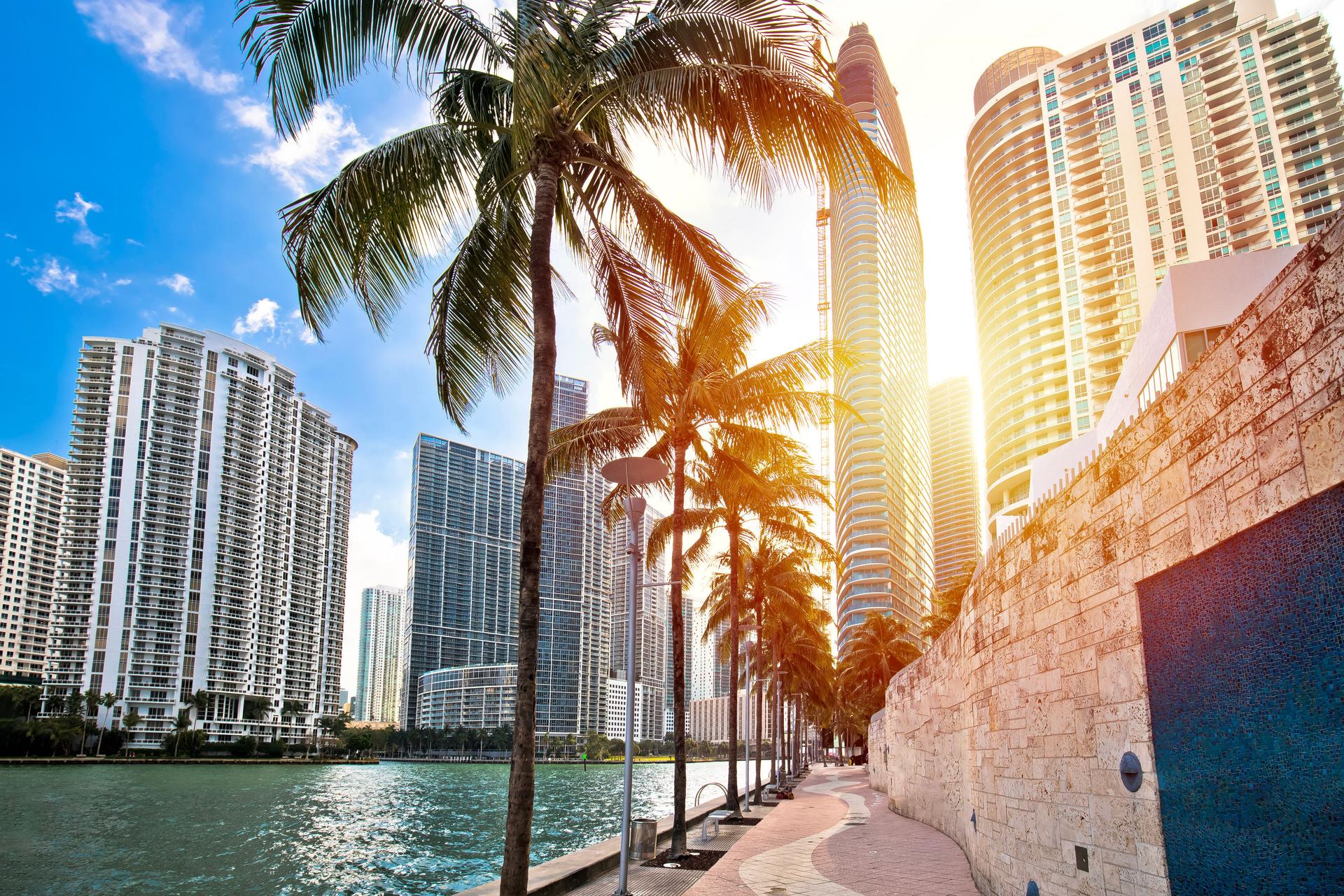 Miami waterfront walkway and skyline sunset view